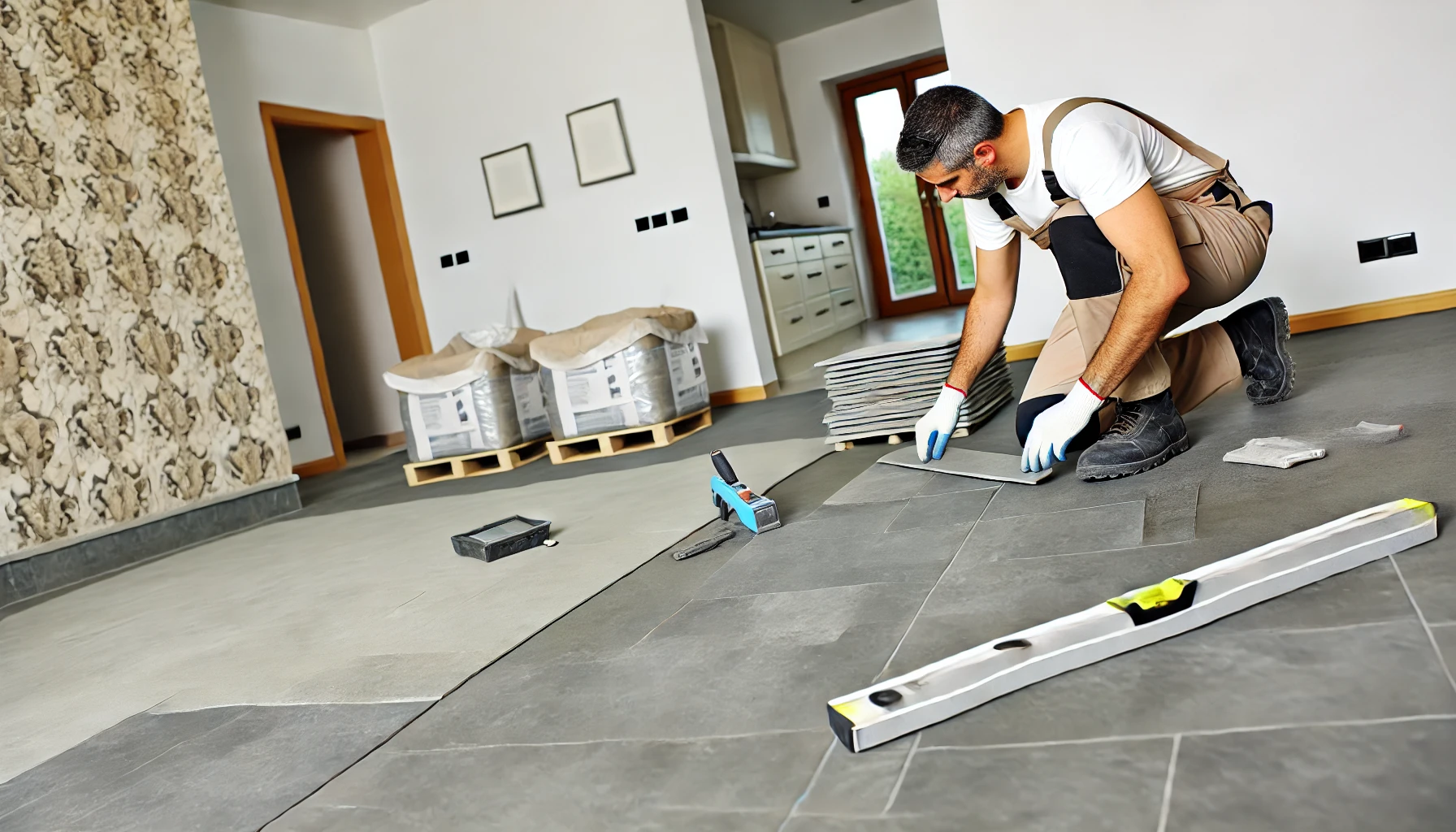 Man installing stone floors