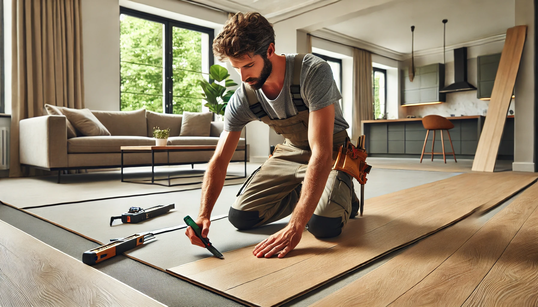 Professional installer aligning light oak Luxury Vinyl Tile (LVT) planks in a modern living room with large windows and minimalist furniture.