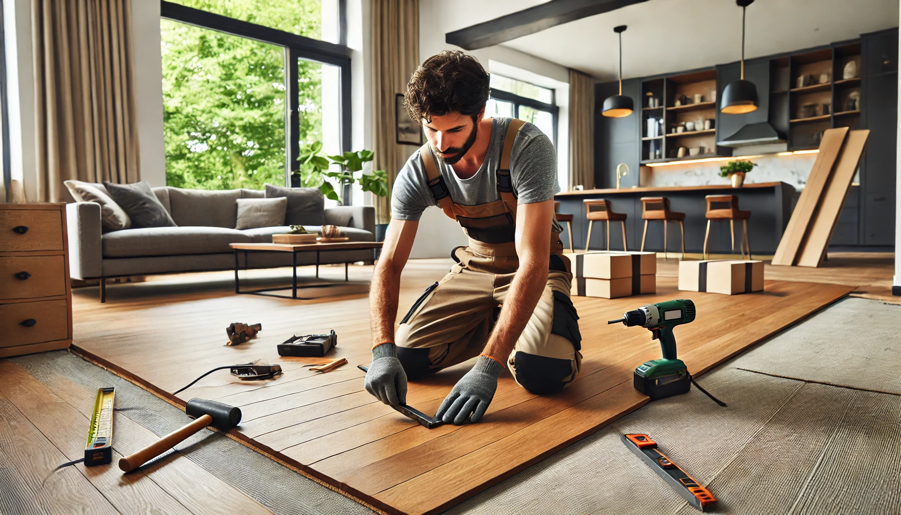 Professional installer positioning deep oak hardwood planks in a modern living room with large windows and contemporary décor.
