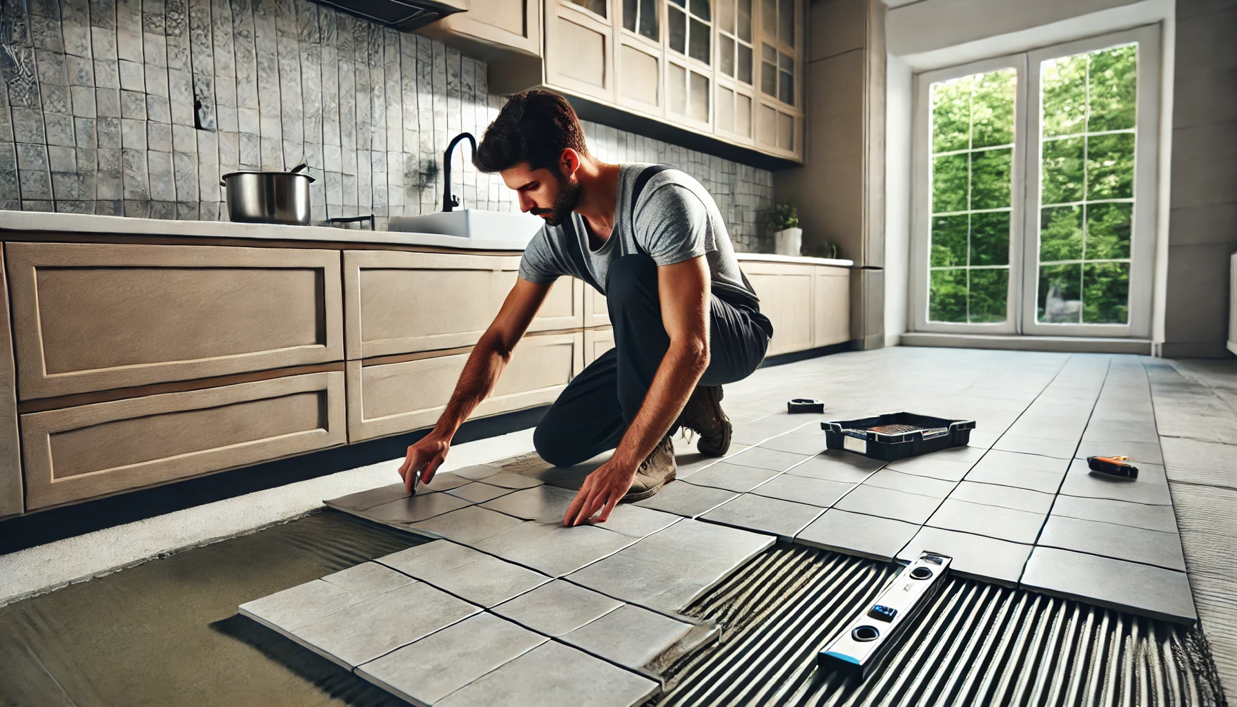 Professional installer placing square ceramic tiles with a glossy finish in a modern kitchen with minimalist cabinetry and natural light.