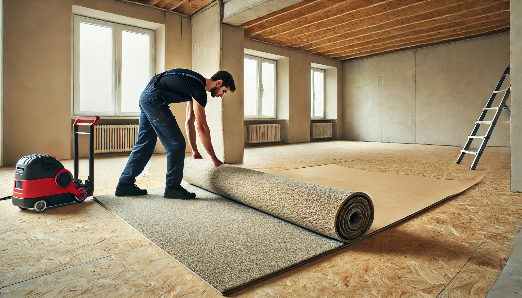 Professional installer rolling out wall-to-wall carpet from one wall across a plywood subfloor in an empty room with light-colored walls.
