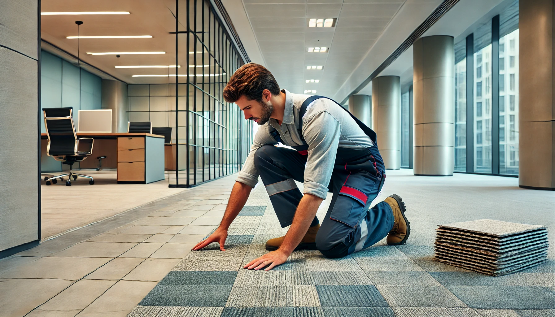 Professional installer in work pants and shirt placing carpet tiles in a grid pattern in an empty corporate office under construction.
